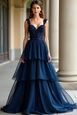 Marinha Uma Linha Esparguete Correias Tiered Lace Long Prom Dress