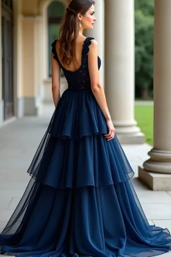 Marinha Uma Linha Esparguete Correias Tiered Lace Long Prom Dress