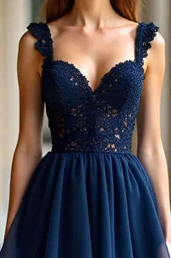 Marinha Uma Linha Esparguete Correias Tiered Lace Long Prom Dress