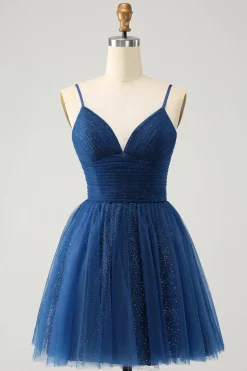 Marinha Uma Linha Esparguete Correias Tule Lace- Up Back Homecoming Dress