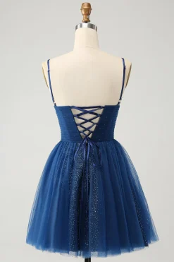 Marinha Uma Linha Esparguete Correias Tule Lace- Up Back Homecoming Dress