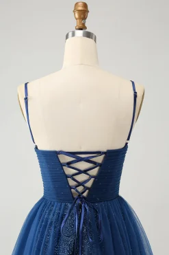 Marinha Uma Linha Esparguete Correias Tule Lace- Up Back Homecoming Dress