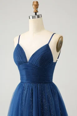 Marinha Uma Linha Esparguete Correias Tule Lace- Up Back Homecoming Dress