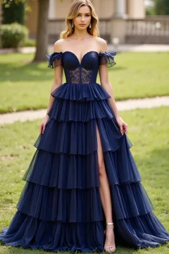 Marinha Uma linha fora do ombro em camadas vestido longo baile de formatura com fenda