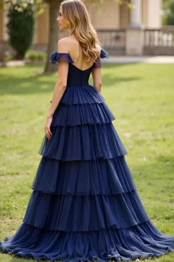 Marinha Uma linha fora do ombro em camadas vestido longo baile de formatura com fenda
