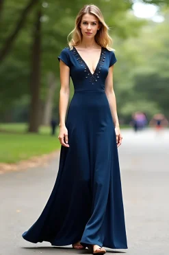 Marinha Uma Linha Long V Neck Missanga Mãe do Vestido da Noiva com Mangas Curtas