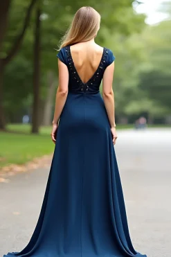 Marinha Uma Linha Long V Neck Missanga Mãe do Vestido da Noiva com Mangas Curtas