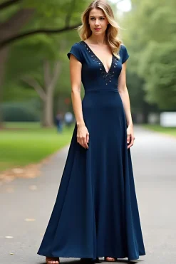 Marinha Uma Linha Long V Neck Missanga Mãe do Vestido da Noiva com Mangas Curtas