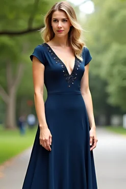 Marinha Uma Linha Long V Neck Missanga Mãe do Vestido da Noiva com Mangas Curtas