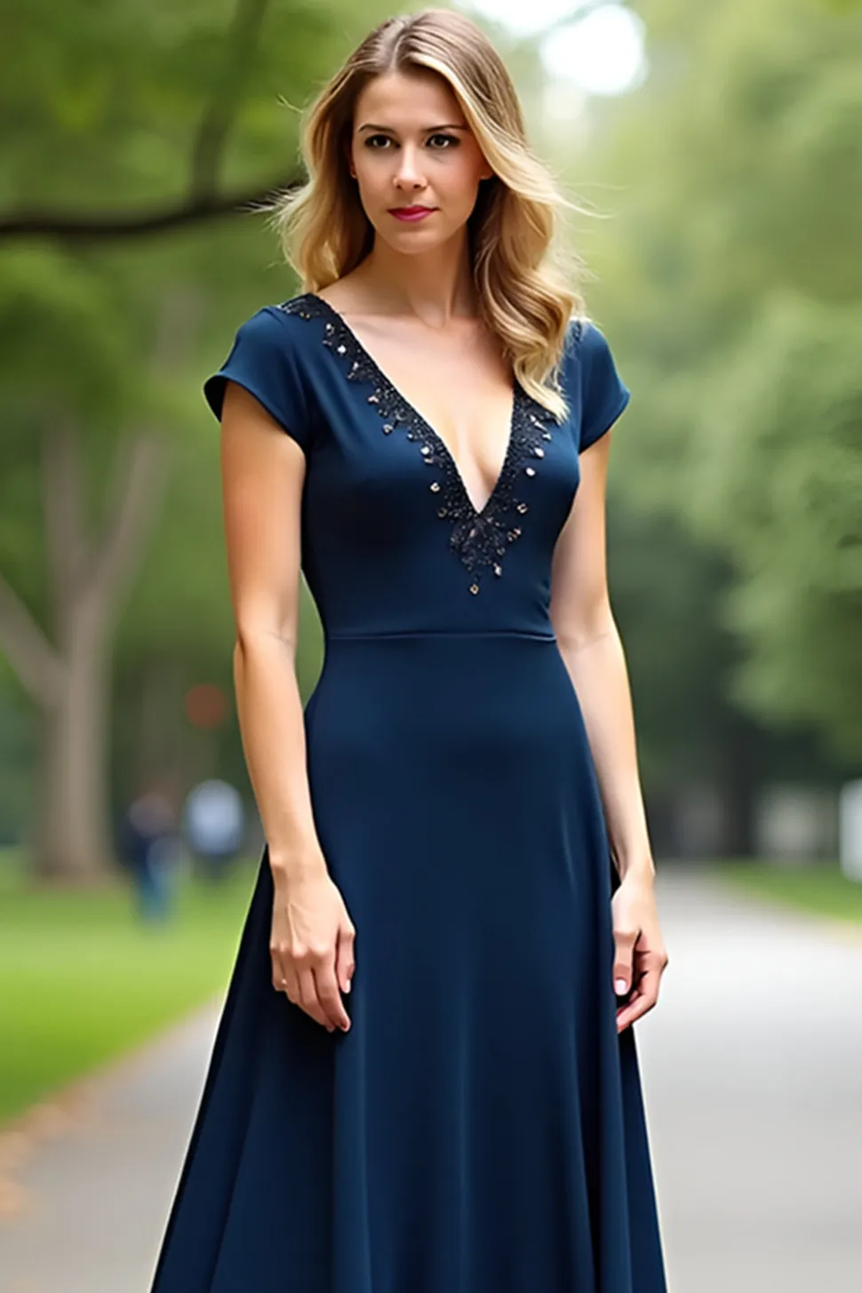 Marinha Uma Linha Long V Neck Missanga Mãe do Vestido da Noiva com Mangas Curtas