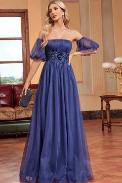 Marinha Uma linha mangas removíveis plissado longo vestido de baile