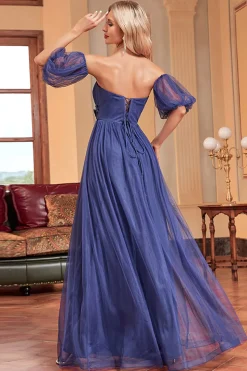 Marinha Uma linha mangas removíveis plissado longo vestido de baile