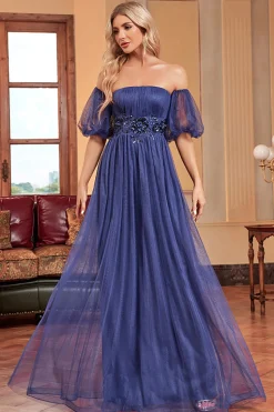 Marinha Uma linha mangas removíveis plissado longo vestido de baile