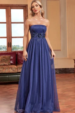 Marinha Uma linha mangas removíveis plissado longo vestido de baile