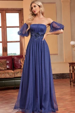 Marinha Uma linha mangas removíveis plissado longo vestido de baile