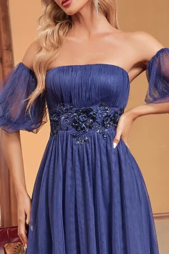Marinha Uma linha mangas removíveis plissado longo vestido de baile