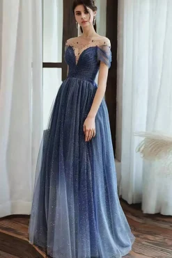 Marinha Uma Linha Pescoço Redondo Mangas Curtas Tull Long Prom Dress