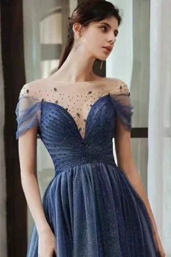 Marinha Uma Linha Pescoço Redondo Mangas Curtas Tull Long Prom Dress