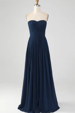 Marinha Uma linha querida plissado longo vestido de dama de honra