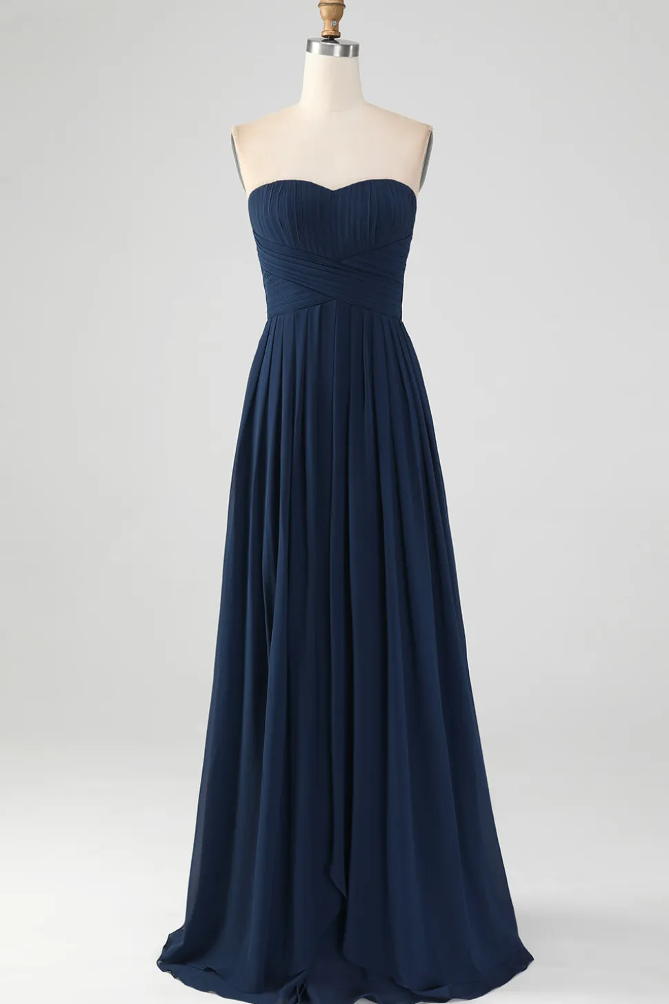 Marinha Uma linha querida plissado longo vestido de dama de honra