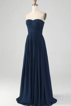 Marinha Uma linha querida plissado longo vestido de dama de honra