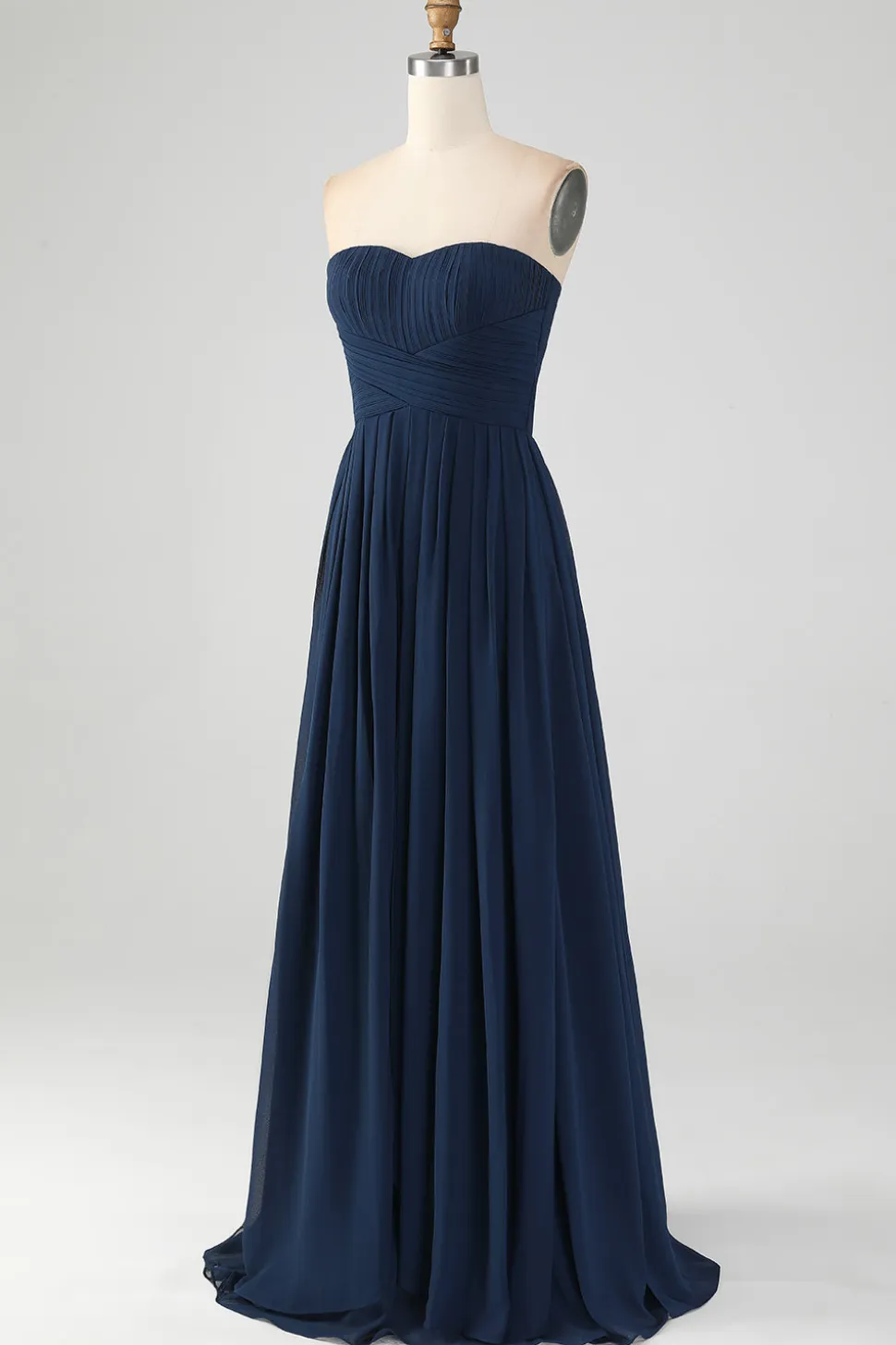 Marinha Uma linha querida plissado longo vestido de dama de honra