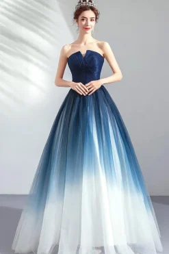 Marinha Uma Linha Strapless Tule Plissado Vestido Longo Baile