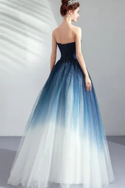 Marinha Uma Linha Strapless Tule Plissado Vestido Longo Baile
