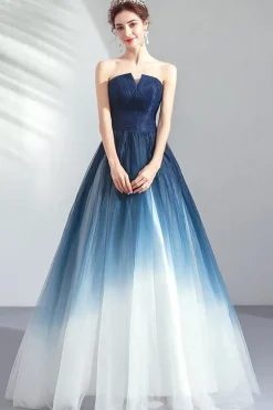 Marinha Uma Linha Strapless Tule Plissado Vestido Longo Baile