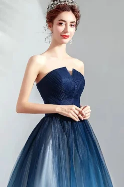 Marinha Uma Linha Strapless Tule Plissado Vestido Longo Baile