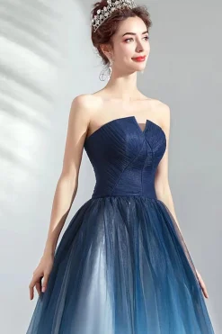 Marinha Uma Linha Strapless Tule Plissado Vestido Longo Baile
