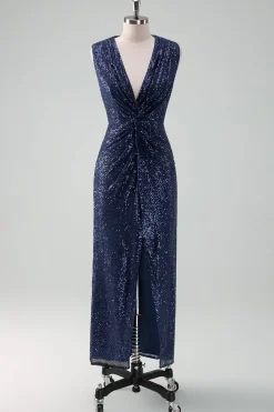 Marinha V-neck bainha Sequins sem mangas vestido de noiva convidado