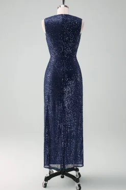 Marinha V-neck bainha Sequins sem mangas vestido de noiva convidado