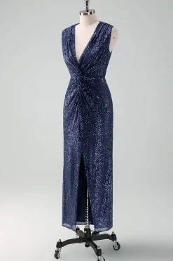 Marinha V-neck bainha Sequins sem mangas vestido de noiva convidado