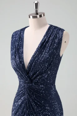 Marinha V-neck bainha Sequins sem mangas vestido de noiva convidado