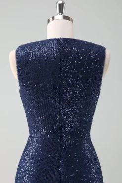 Marinha V-neck bainha Sequins sem mangas vestido de noiva convidado