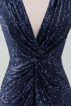 Marinha V-neck bainha Sequins sem mangas vestido de noiva convidado