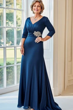 Marinha V-Neck Cetim Bordado Ruched Mãe do Vestido da Noiva