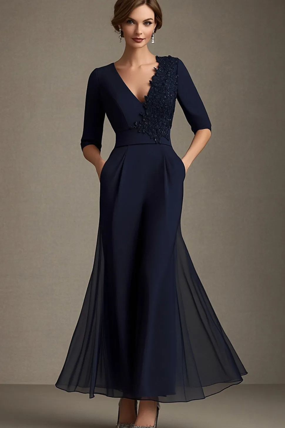 Marinha V-neck Chiffon A-Line Meia Manga Mãe do Vestido da Noiva com Apliques