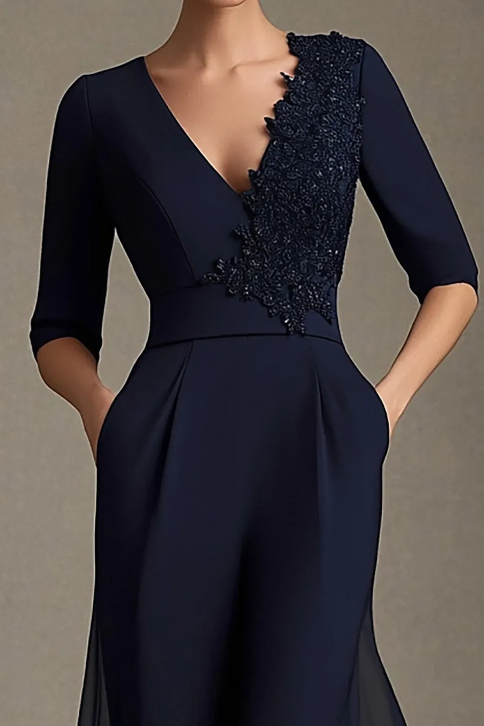 Marinha V-neck Chiffon A-Line Meia Manga Mãe do Vestido da Noiva com Apliques
