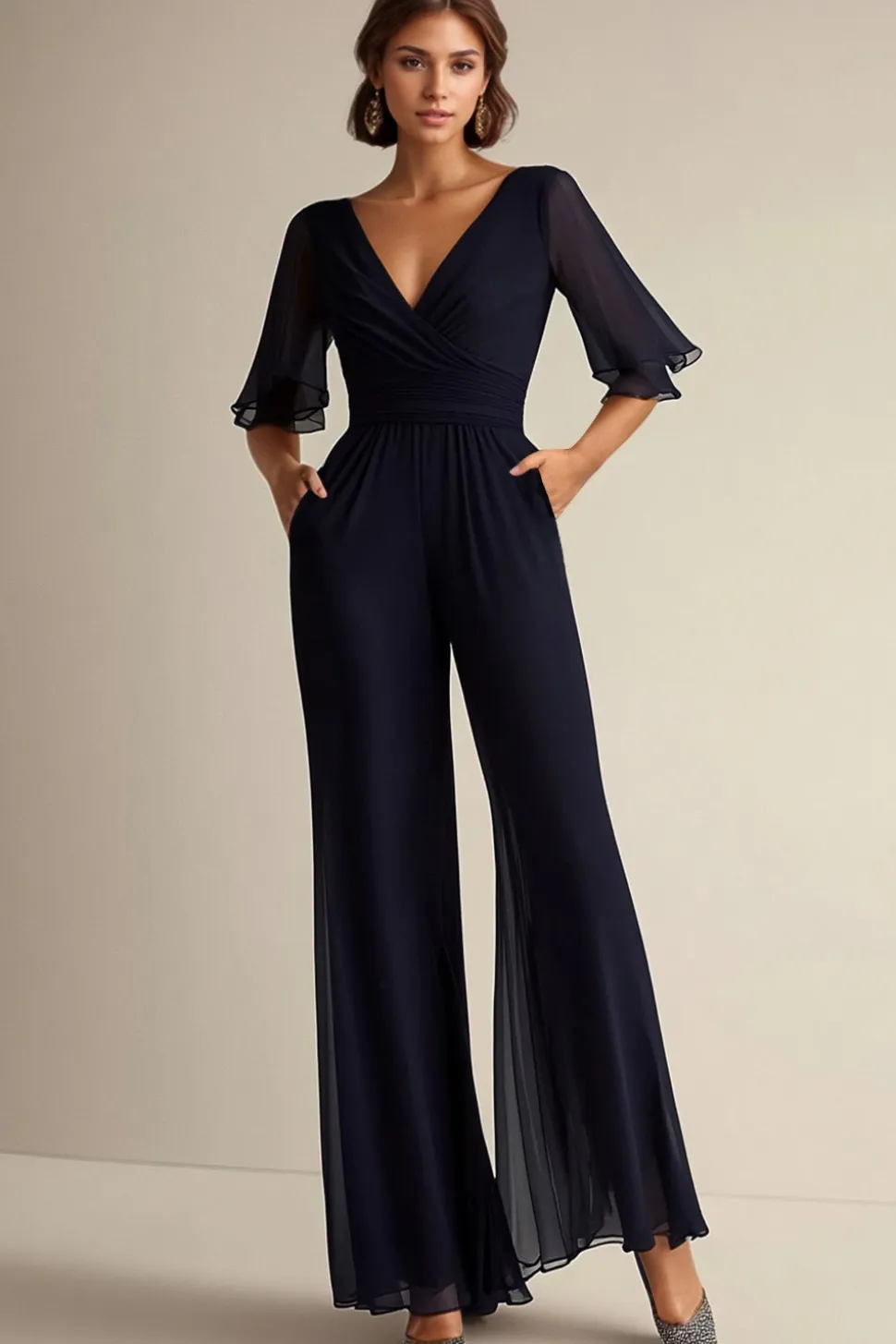Marinha V-neck Meia Manga Chiffon Mãe da Noiva Macacões