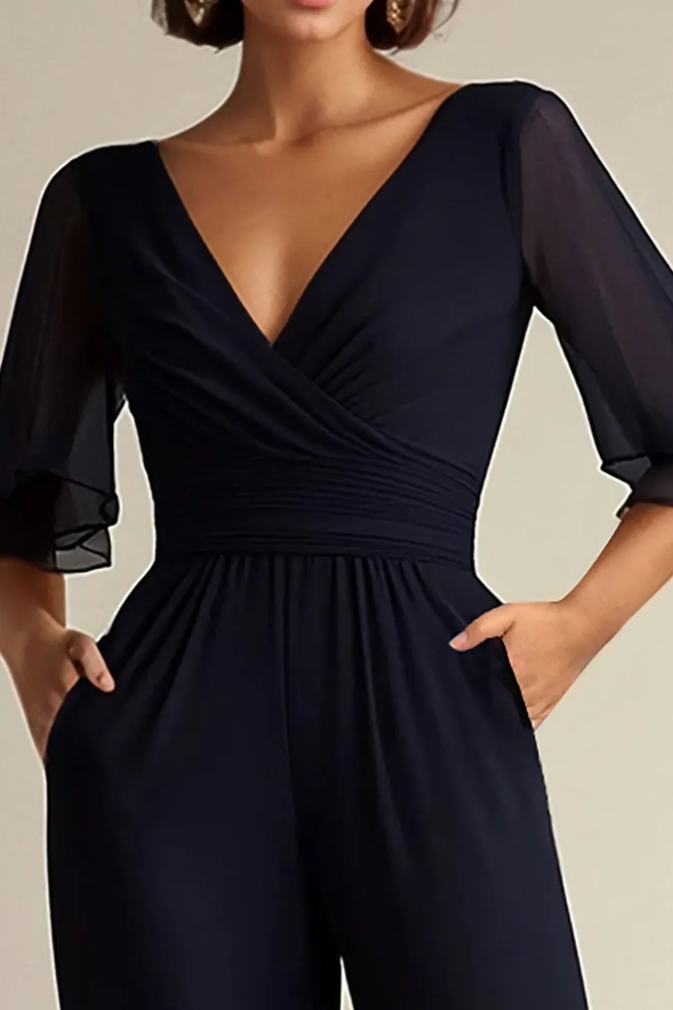 Marinha V-neck Meia Manga Chiffon Mãe da Noiva Macacões