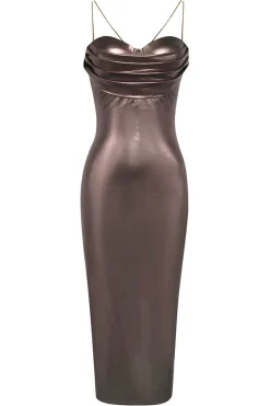 Marrom escuro sereia espaguete alças longo vestido formal com fenda