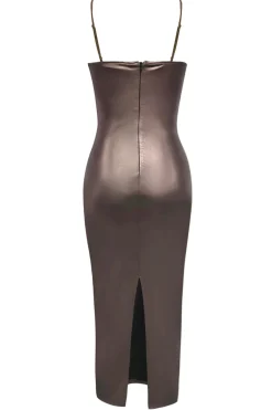 Marrom escuro sereia espaguete alças longo vestido formal com fenda
