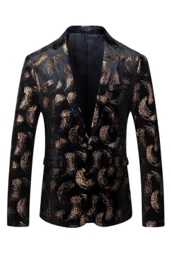 Masculino Preto Dourado Estampado Notched Lapel Prom Blazer