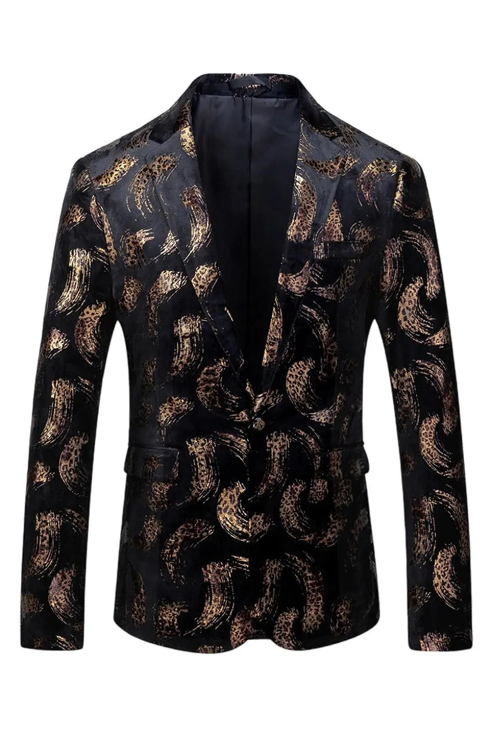 Masculino Preto Dourado Estampado Notched Lapel Prom Blazer