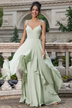Matcha A Line Spaghetti Correias Vestido Longo Madrinha com Folhos
