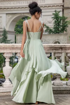 Matcha A Line Spaghetti Correias Vestido Longo Madrinha com Folhos