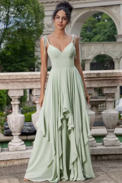 Matcha A Line Spaghetti Correias Vestido Longo Madrinha com Folhos