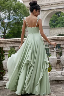 Matcha A Line Spaghetti Correias Vestido Longo Madrinha com Folhos